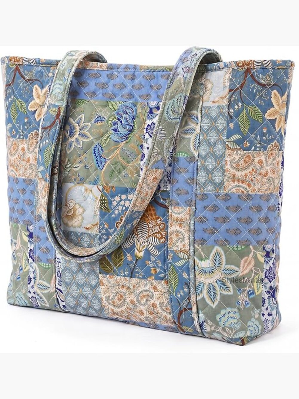 Quilted Tote Bag Vintage Floral Shoulder Handbag with Zipper for Work Travel